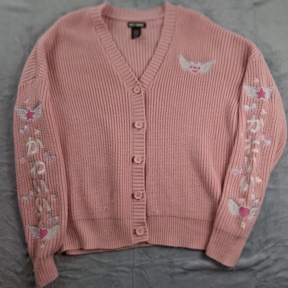 Hot Topic Kawaii Pink Embroidered Cardigan Sweater Size MD Ribbed Knit Anime M